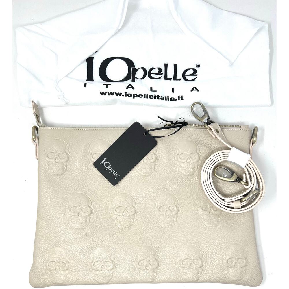 IO PELLE Italia Skull Embossed Leather Crossbody Bag Clutch Lt. Beige 14x10" NWT